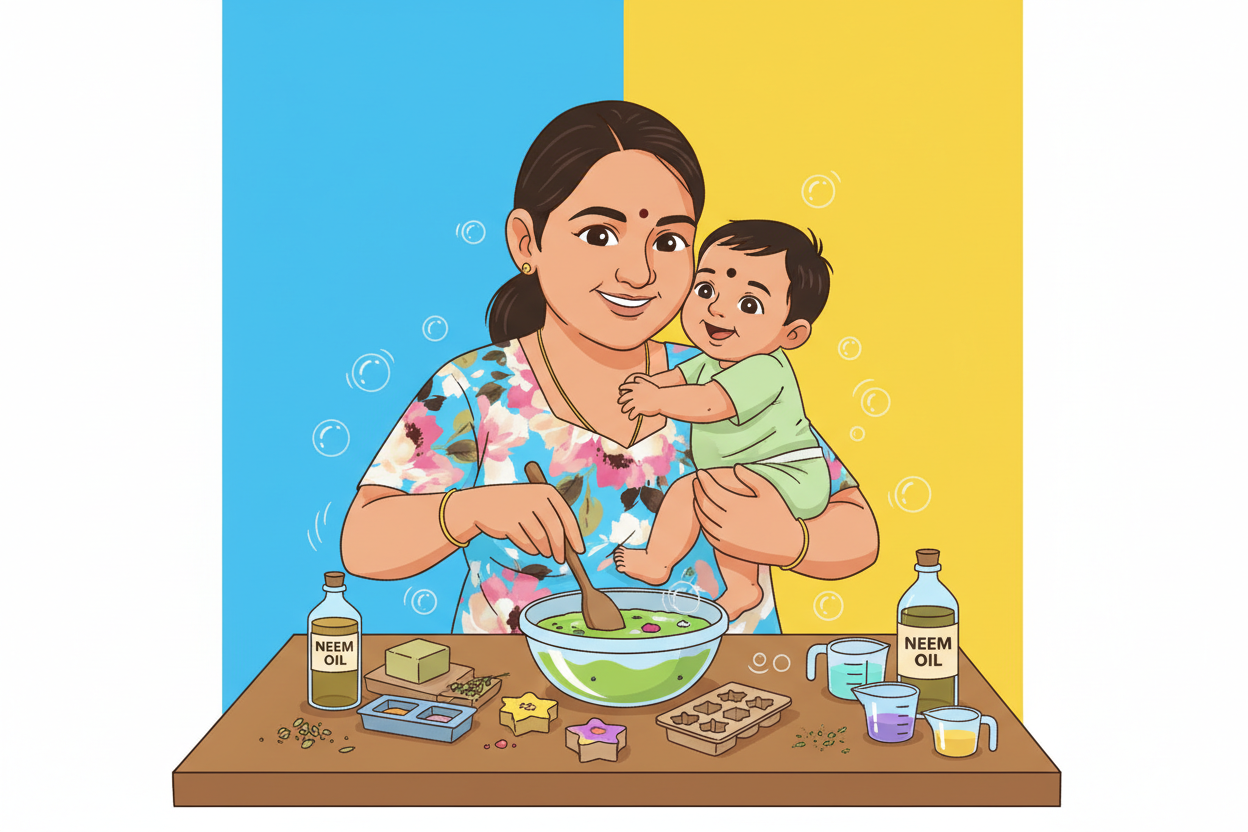 An Indian woman smiling while holding a baby in her lap, mixing ingredients in a large green bowl on a table with various baking supplies, with a blue and yellow background.