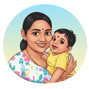 An illustrated woman holding a smiling baby girl against a light outdoor background.