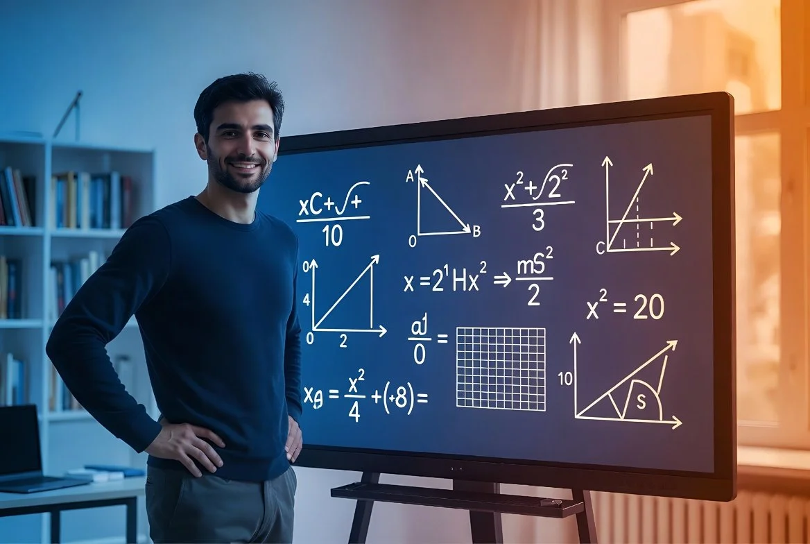 Young man smiling next to a digital blackboard displaying mathematical equations and graphs in a classroom.