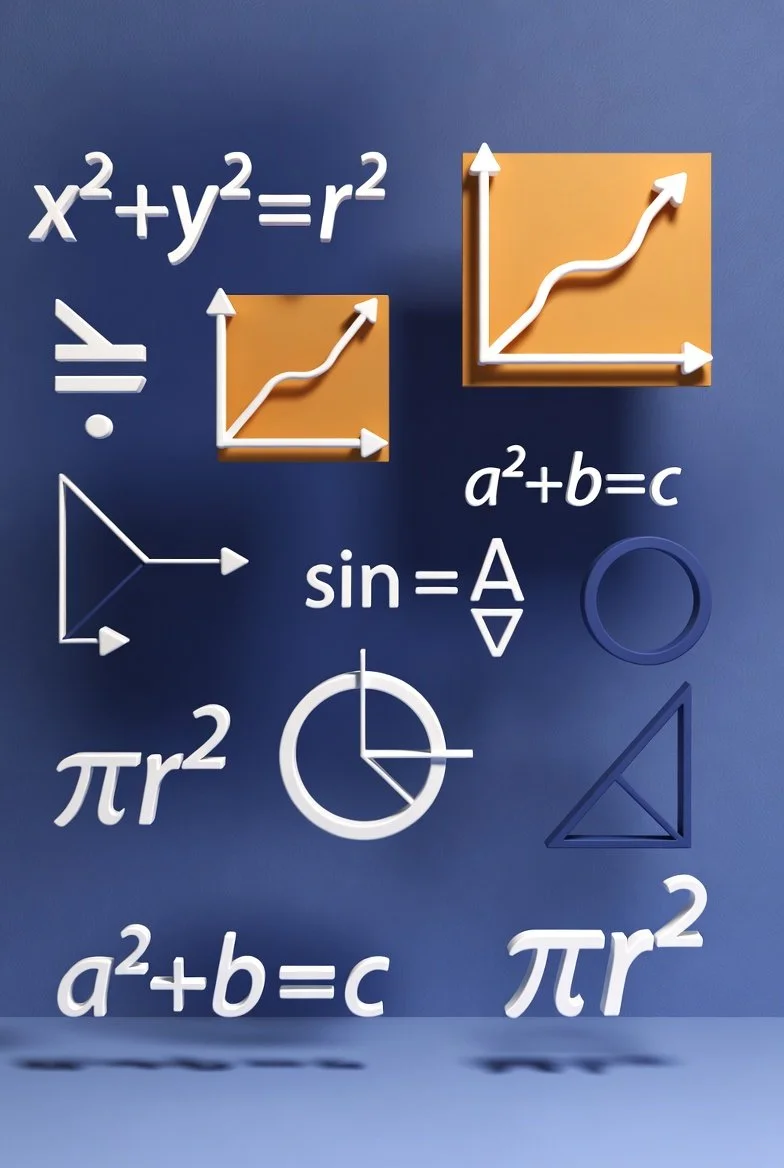 Educational background with mathematical equations, graphs, and diagrams including the Pythagorean theorem, sine function, Pi formulas, and geometrical shapes on a blue background.