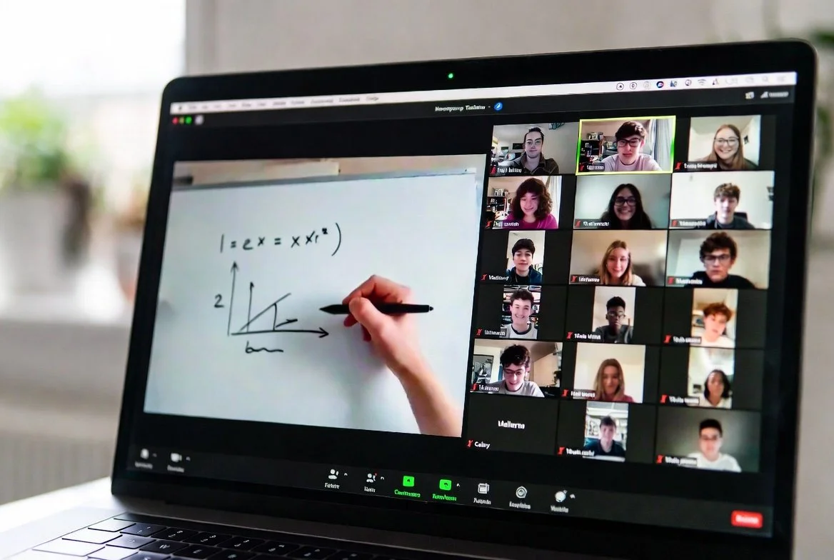 Zoom video call with multiple students attending a virtual classroom, and a screen showing a person writing a mathematical graph on a whiteboard.