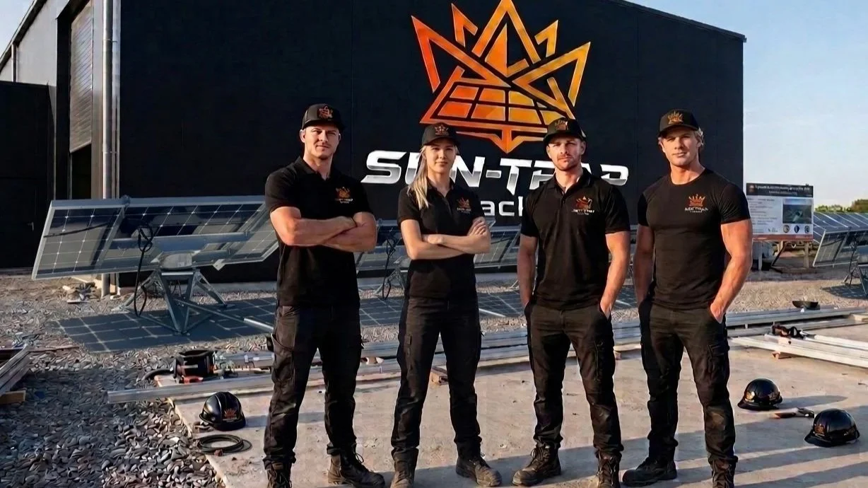 Four workers standing with crossed arms in front of a large solar panel with a logo of Sun-Trap Tracker and the words "Sun-Trap" on a black building, all wearing black uniforms and caps, on a solar energy project site.