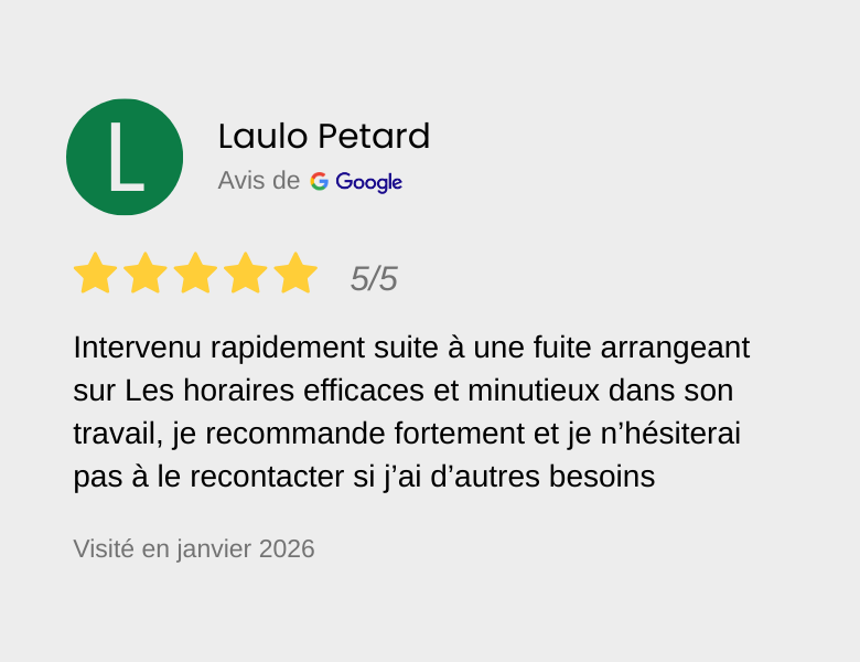 Avis de Laulo Petard de Google, évalué 5 étoiles, commentaire positif sur sa réactivité et son professionnalisme en cas de fuite, datant de janvier 2026.