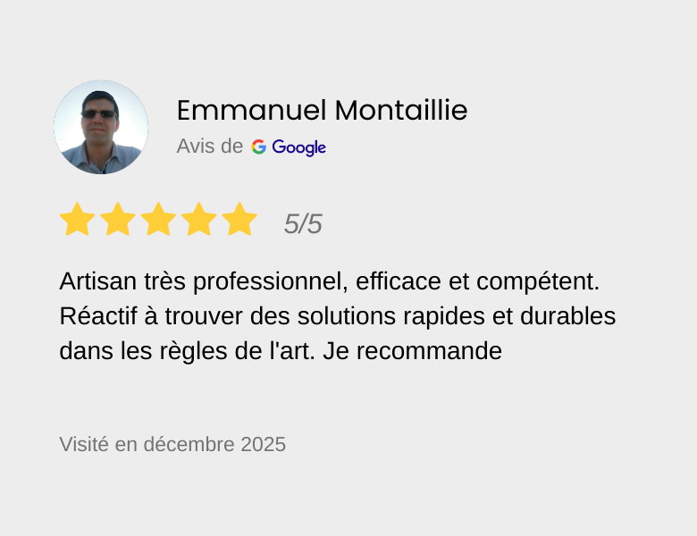 Avis en ligne de Emmanuel Montaillie avec une note de 5 étoiles, photo de profil, texte recommandant ses compétences en artisanat, vu en décembre 2025.