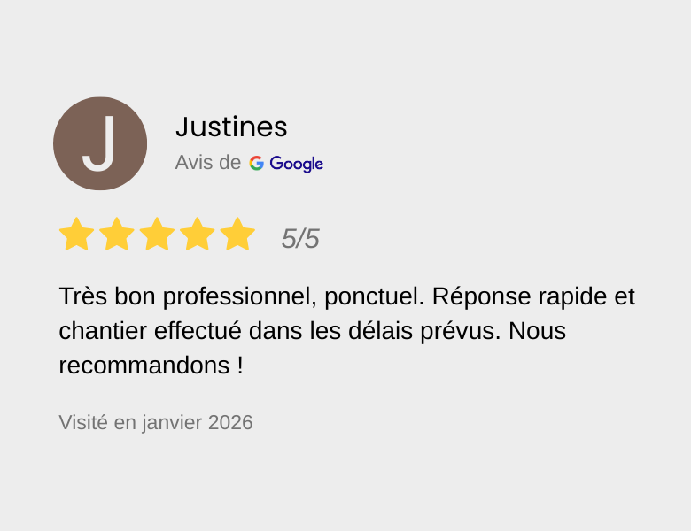 Une critique en ligne avec une note de 5 étoiles pour Justines, louant leur professionnalisme, leur ponctualité et leur rapidité, avec une mention de recommandation, datant de janvier 2026.