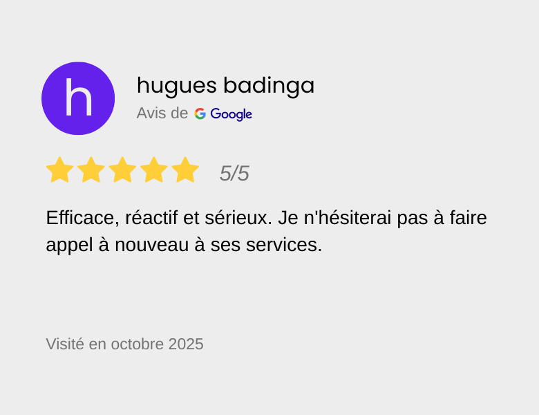 Avis Google pour Hugues Badinga, 5 étoiles, commentaire positif, visité en octobre 2025.
