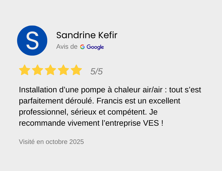Avis Google en français recommandant une entreprise spécialisée dans l'installation de pompes à chaleur air/air, louant le professionnalisme et la compétence de Francis.