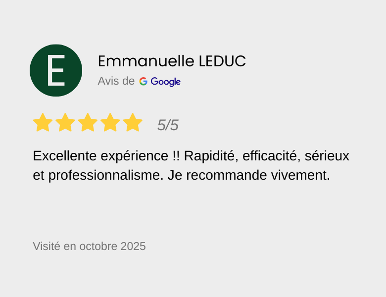 Avis Google pour Emmanuelle Leduc, avec 5 étoiles, mentionnant une expérience excellente, rapide, efficace, sérieuse et professionnelle, recommandée vivement, visitée en octobre 2025.