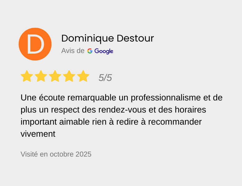 Avis Google de Dominique Destour avec une évaluation de 5 étoiles, mentionnant un professionnalisme remarquable et le respect des rendez-vous.