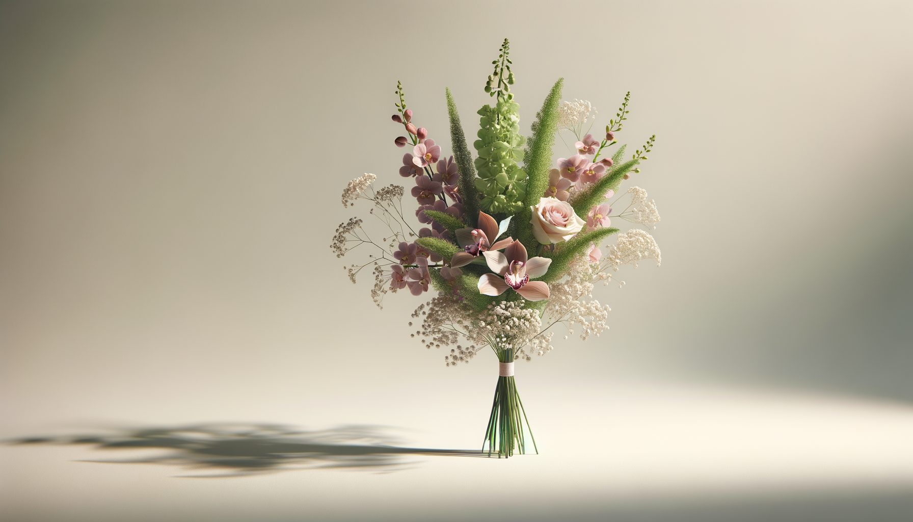 A bouquet of mixed flowers, including roses, orchids, and greenery, arranged in a simple wrap and casting a shadow on a neutral background.