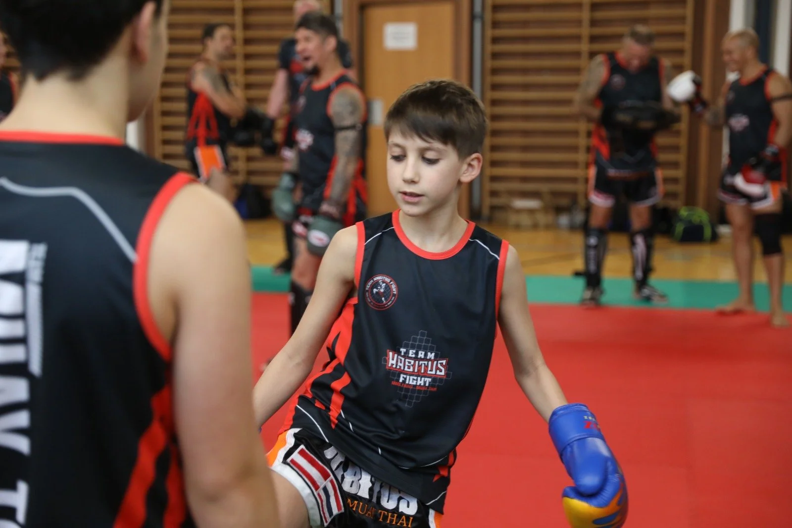 Ein junger Junge im Kampfsporttraining, wearing einem schwarzen und roten Trainingstop mit 'Team Habitus Fight' und blauen Handschuhen, steht im Ring, umgeben von trainierenden Erwachsenen im gym.