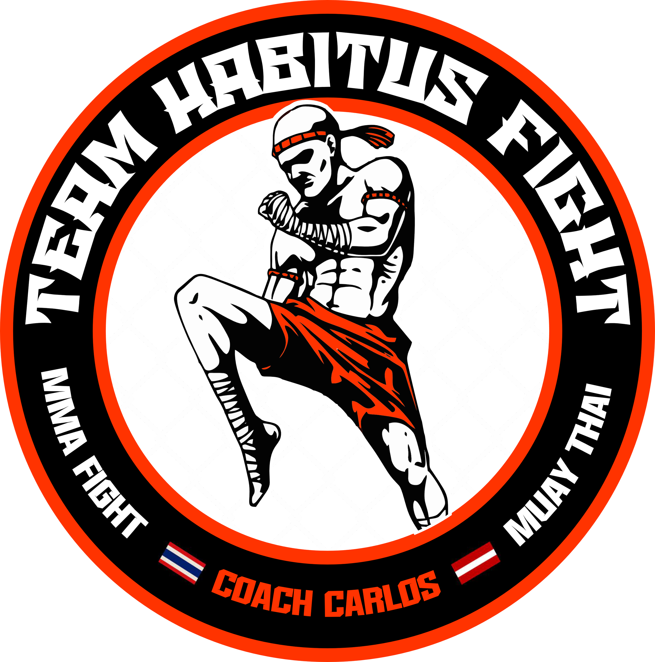 Logo eines Kampfsport- oder Fitnessstudios mit einem Boxer in der Mitte, umgeben von einem schwarzen und roten Kreis mit weißem Text. Der Name des Trainers ist Coach Carlos.