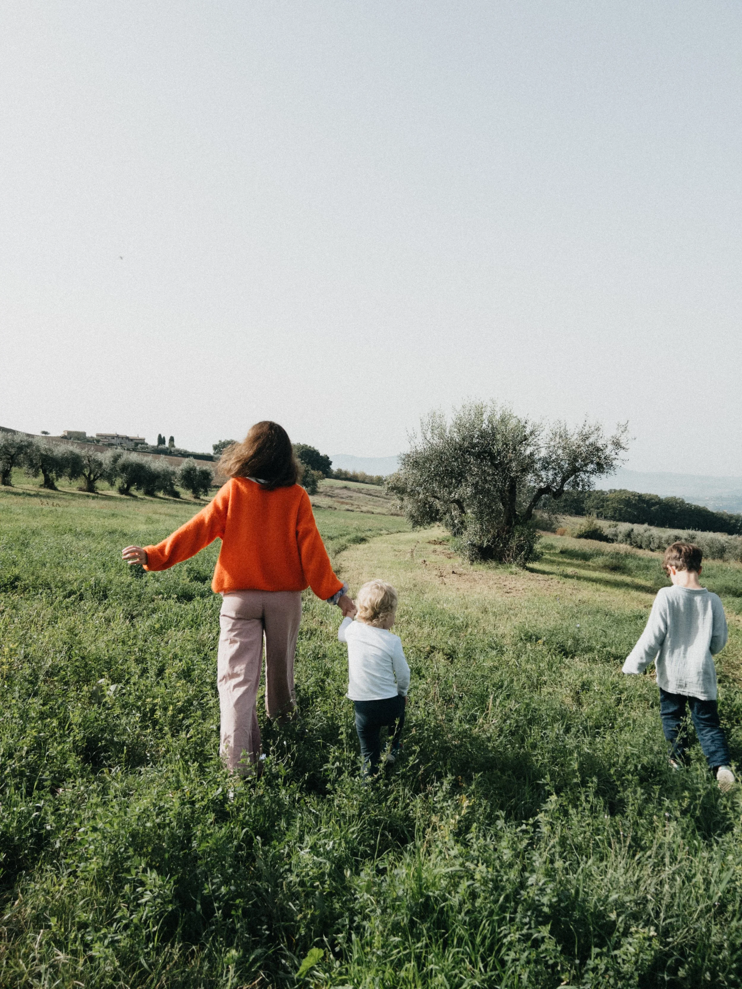 Eine Frau mit zwei kleinen Kindern spaziert auf einer grünen Wiese, mit Bäumen im Hintergrund, bei sonnigem Wetter.