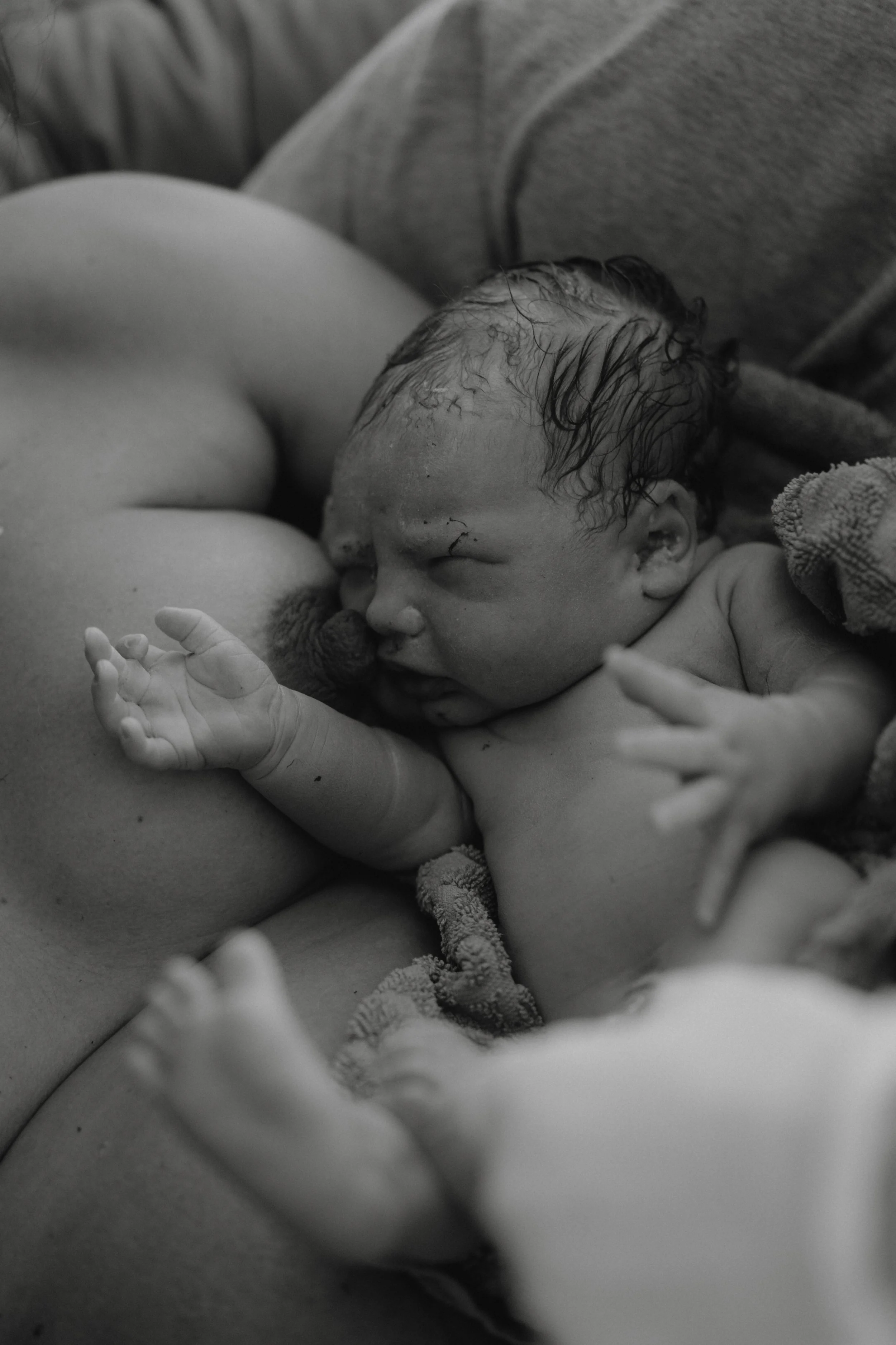 Ein neugeborenes Baby liegt an der Brust einer Frau, vermutlich während der Geburt oder Stillens. Das Baby hat nasse, dunkle Haare und ist in schwarz-weiß fotografiert.