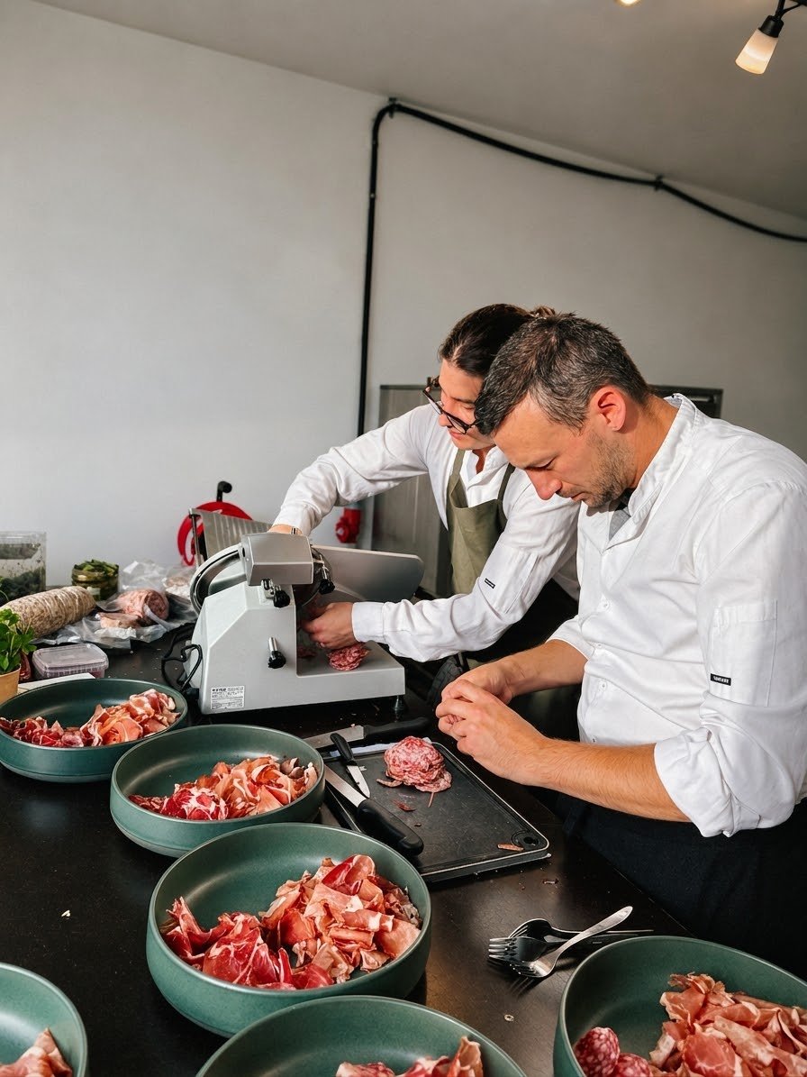 Chefs preparing food beside a slicing machine, with bowls and serving dishes on the kitchen counter.