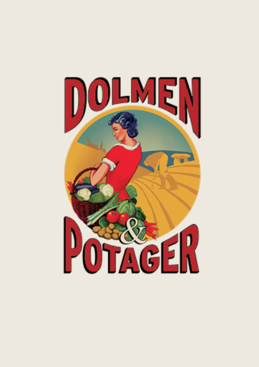 Illustration d'une femme avec des légumes, logo 'Dolmen & Potager' sur fond de campagne