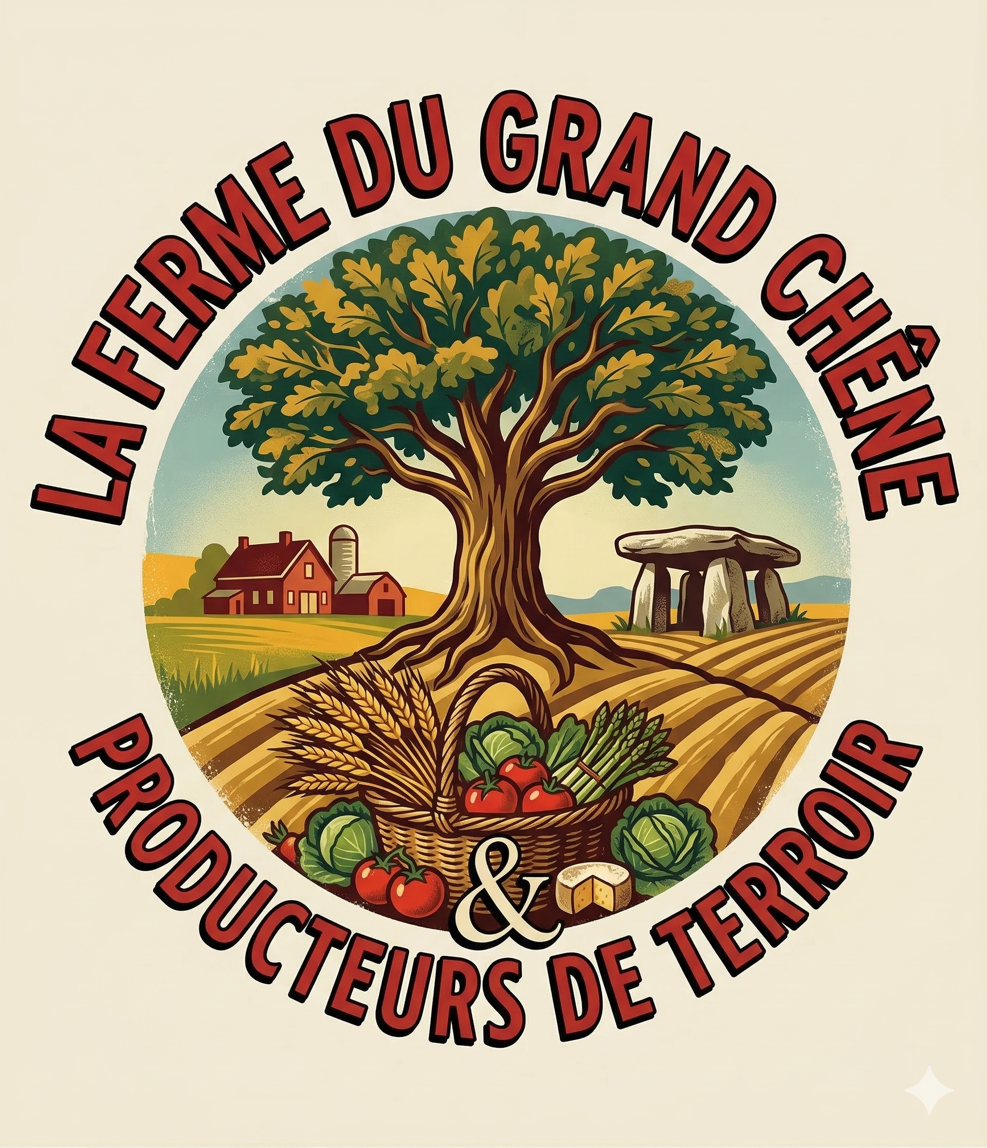 Logo de la ferme du Grand Chêne, représentant un grand arbre au centre, une ferme avec silo à gauche, un menhir à droite, et un panier de légumes devant avec des tomates, des salades, des asperges et des grains de blé.