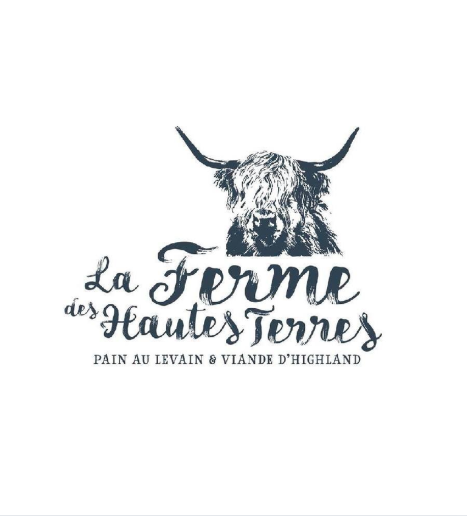 Logo avec une tête de bison et le texte 'La Ferme des Hautes Terres, Pain au levain & viande d'Highland'.