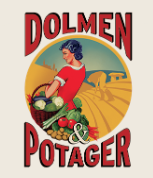 Logo de Dolmen & Potager avec une femme portant un panier de légumes devant un champ