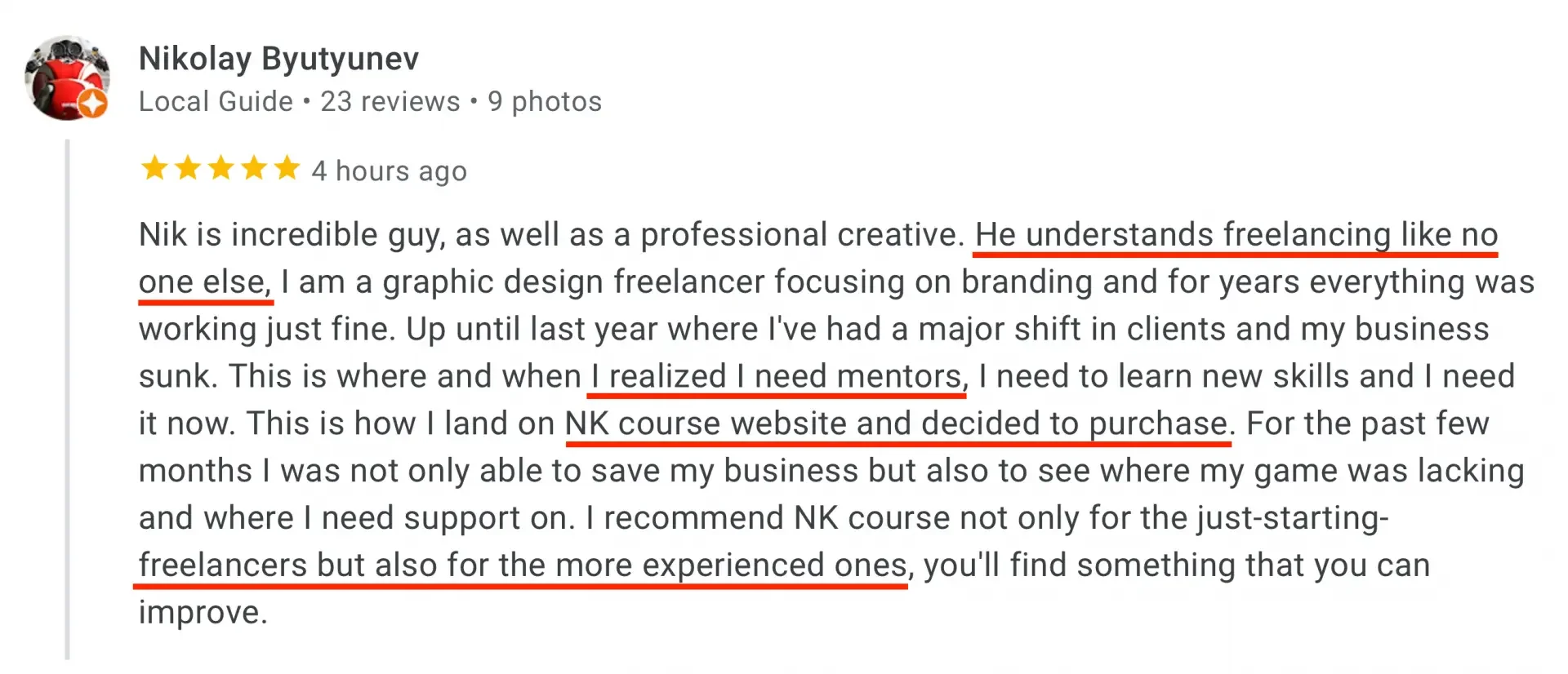 Screenshot of a Google reviews page showing a five-star review by Nikolay Buytunyv for a freelancer named Nik, praising his understanding of freelancing, mentioning their need for mentorship and courses to improve their business.