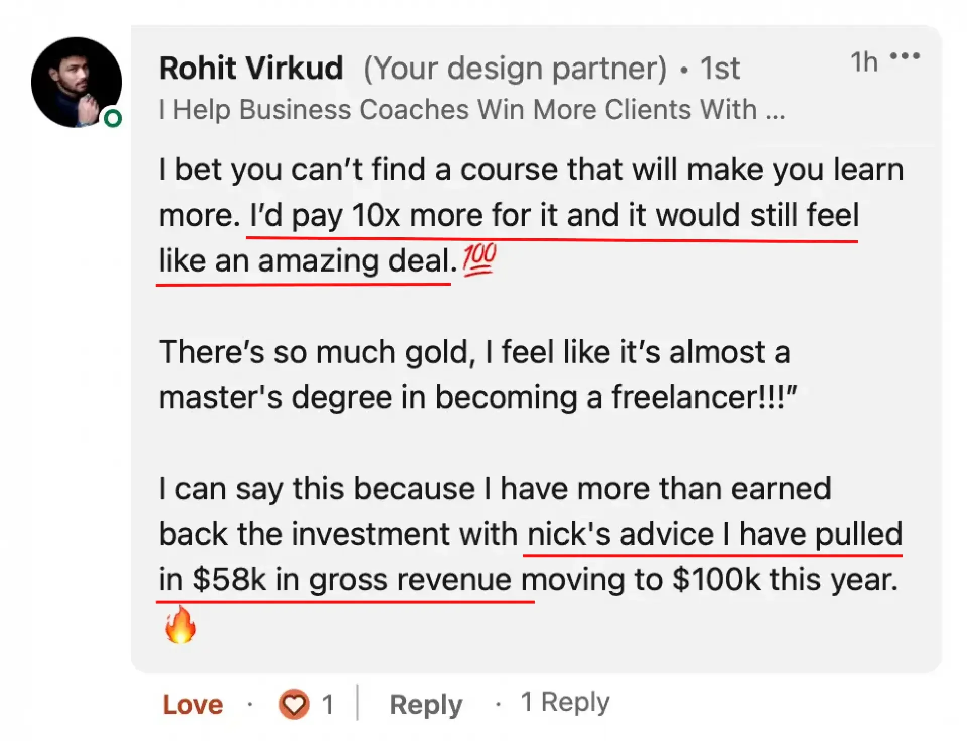 Screenshot of a social media post by Rohit Virkud, discussing the value of a course in becoming a freelancer, with handwritten annotations and emojis.
