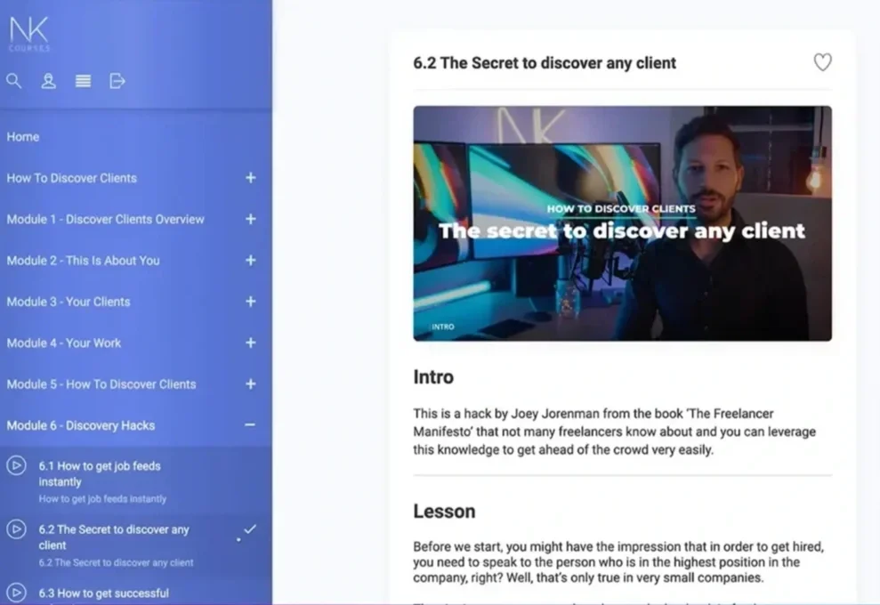 Screenshot of an online course webpage titled '6.2 The Secret to discover any client.' The page features a video thumbnail with a man in front of multiple monitors and the overlay text 'HOW TO DISCOVER CLIENTS The secret to discover any client'. The left sidebar displays the course menu with modules, and the main content includes an intro and lesson description about discovering clients.