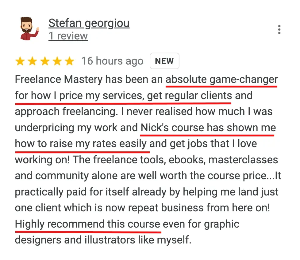 Screenshot of a positive online review for Freelance Mastery by a user named Stefan Georgiou, praising the course for helping him price services, attract clients, and increase rates.