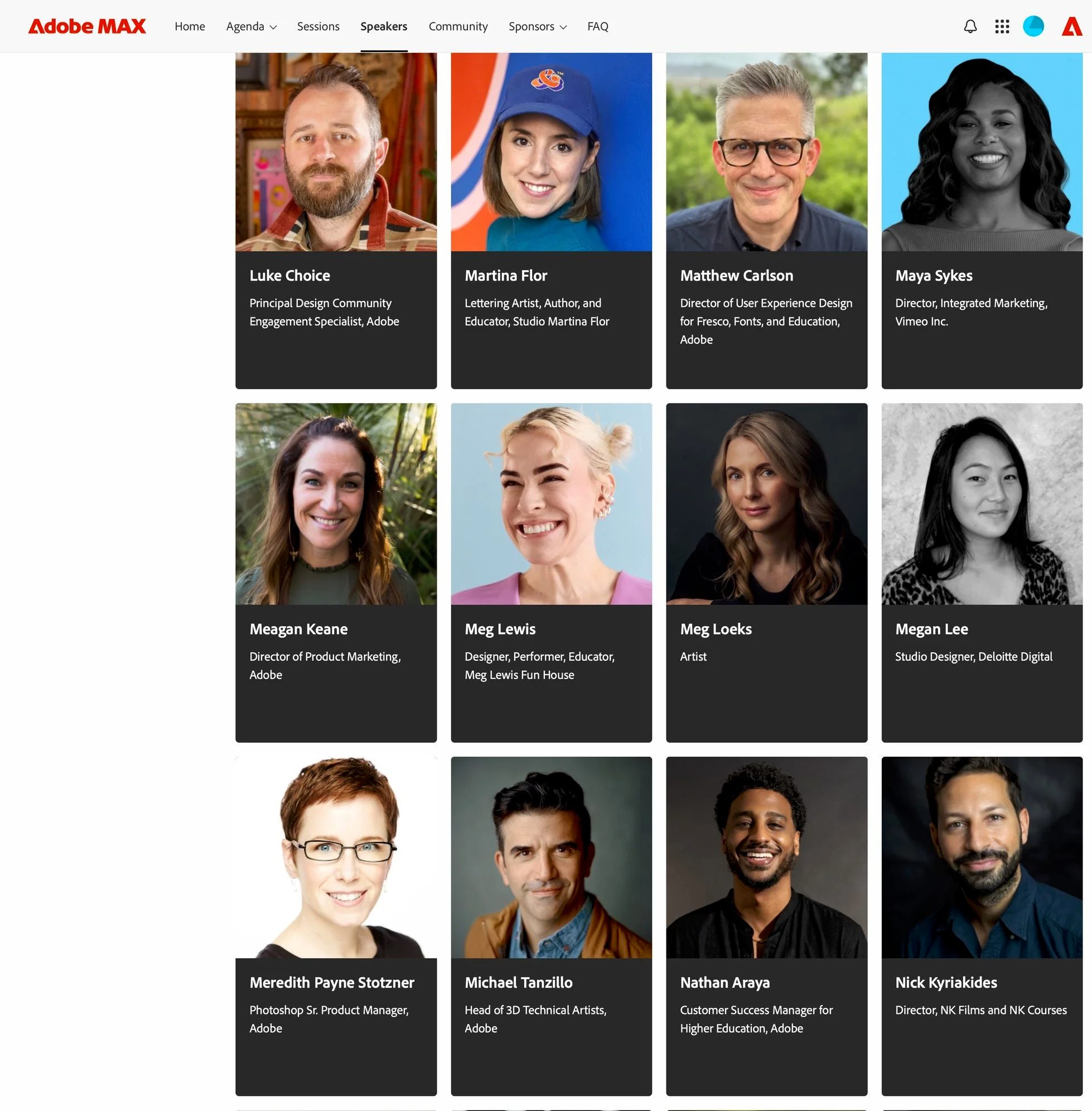 Group photo of 12 speakers at Adobe MAX conference, including portraits of individuals with their names and titles displayed: Luke Choice, Martina Flor, Matthew Carlson, Maya Sykes, Meagan Keane, Meg Lewis, Meg Loeks, Megan Lee, Meredith Payne Stotzner, Michael Tanzillo, Nathan Araya, Nick Kyriakides.