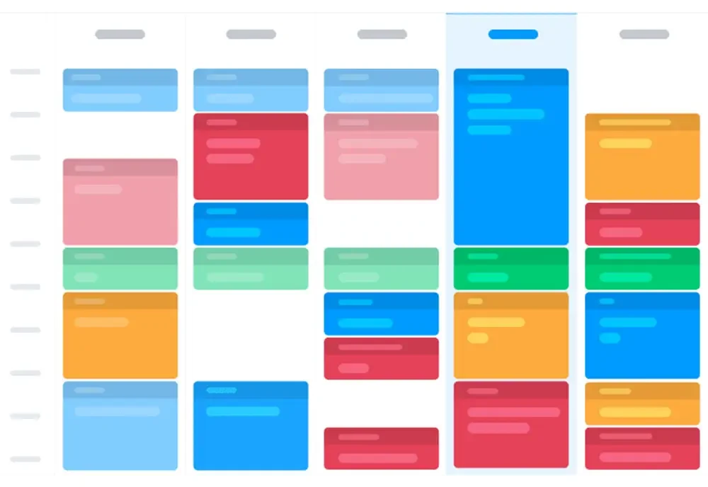 A colorful project management calendar with different colored blocks representing tasks across various dates.
