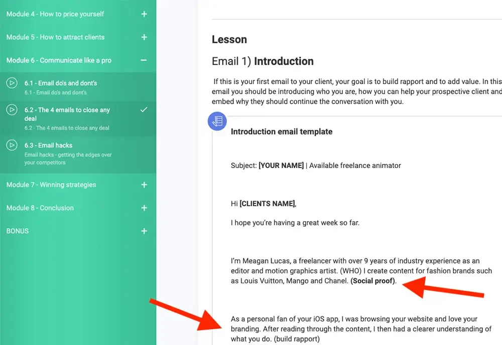 Screenshot of an online course module on how to price oneself, with sections on attracting clients and communication skills. The right side shows a lesson on email introductions, with a template and a sample email from a freelancer, including a social proof mention and a red arrow pointing to that text.