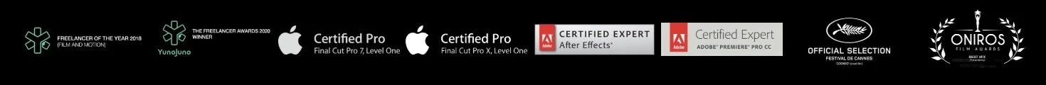 Collection of film and video editing awards and certifications, including Apple certifications, Adobe certifications, and festival selections and awards.
