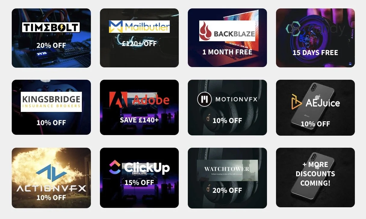 A grid of sixteen digital discount advertisements for various online services and software, showing discounts ranging from 10% to 20%, with some offering free trials or savings of over 140 pounds.