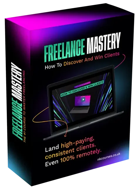 Book cover titled 'Freelance Mastery' with the subtitle 'How To Discover And Win Clients'. It features a laptop with a play button on the screen, and vibrant lines and colors on a dark background.