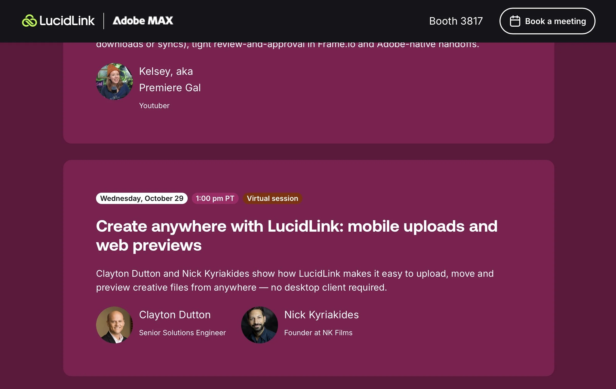 Event advertisement for a virtual session titled "Create anywhere with LucidLink: mobile uploads and web previews" scheduled for Wednesday, October 29 at 1:00 pm PT, featuring Clayton Dutton and Nick Kyriakides, hosted by LucidLink and Adobe MAX. The session shows speaker images and event details, with a button to book a meeting and booth information.