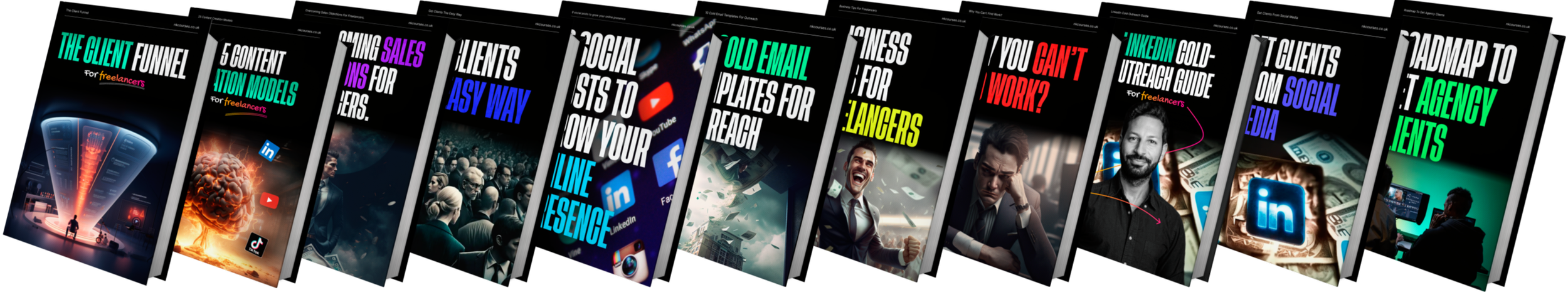 Series of digital marketing-themed ebook covers with titles on clients, social media, email outreach, agency clients, and content models, featuring images of business people, social media icons, and digital graphics.