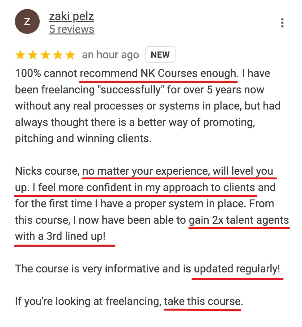 Screenshot of a 5-star review on a freelancing course with highlighted text.