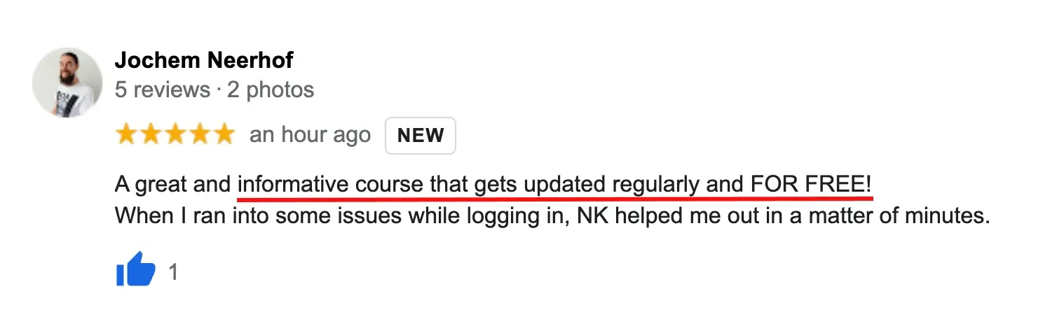 Screenshot of a Google review by Jochem Neerhof, giving five stars, describing the course as informative and free, and mentioning quick help with login issues