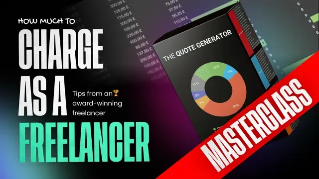 Cover image of a freelancer guidebook titled 'How Much to Charge as a Freelancer' with a quote generator device and colorful charts, emphasizing mastery.