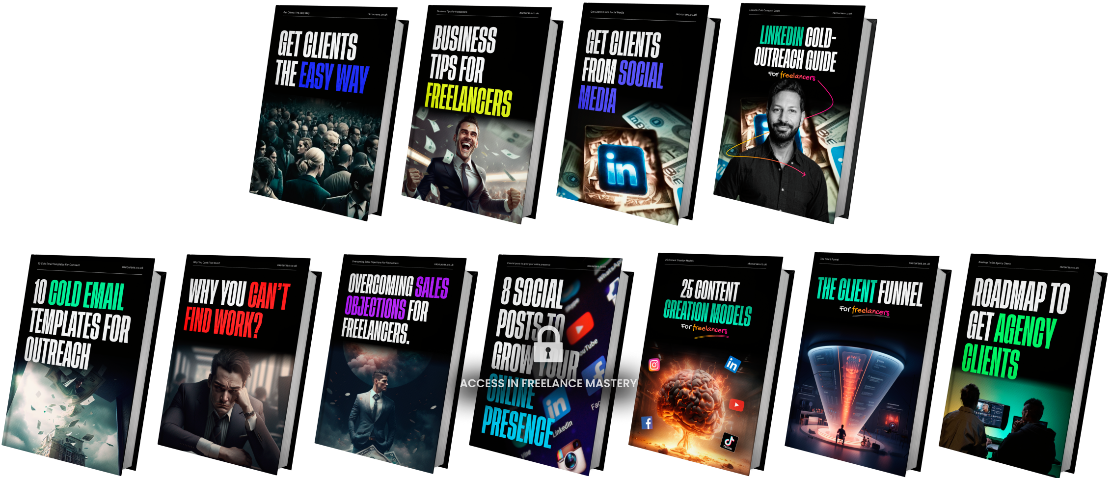 A collection of ebooks in digital cover design, focusing on topics related to freelancing, social media, client outreach, email templates, content creation, agency clients, and sales strategies.
