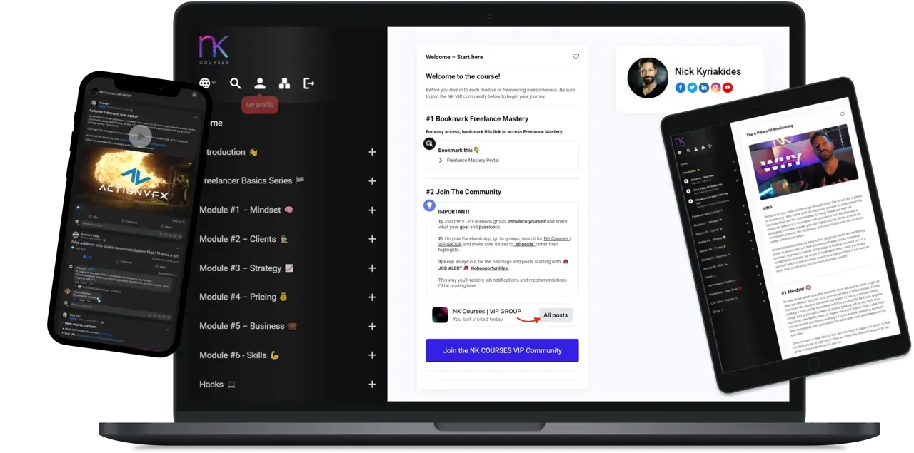 Multiple electronic devices displaying online course content and social media profiles. A laptop screen shows course modules and a contact profile. A tablet displays a course introduction, and a smartphone shows a video and social media notifications.