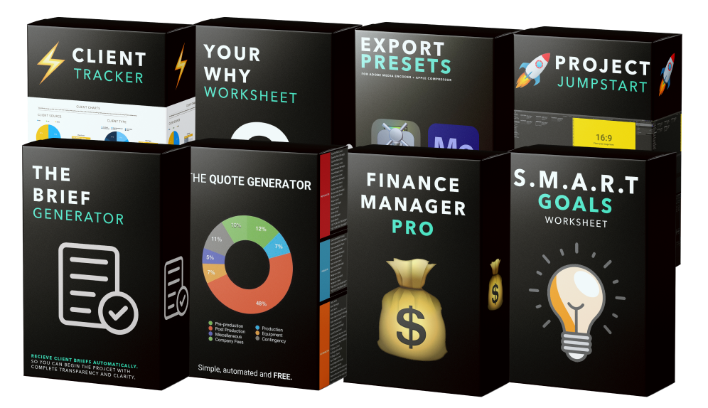 A collection of black boxes, each with titles and illustrations related to different business and productivity tools, including client tracking, worksheets, export presets, project jumpstart, quote generator, finance management, and S.M.A.R.T goals.