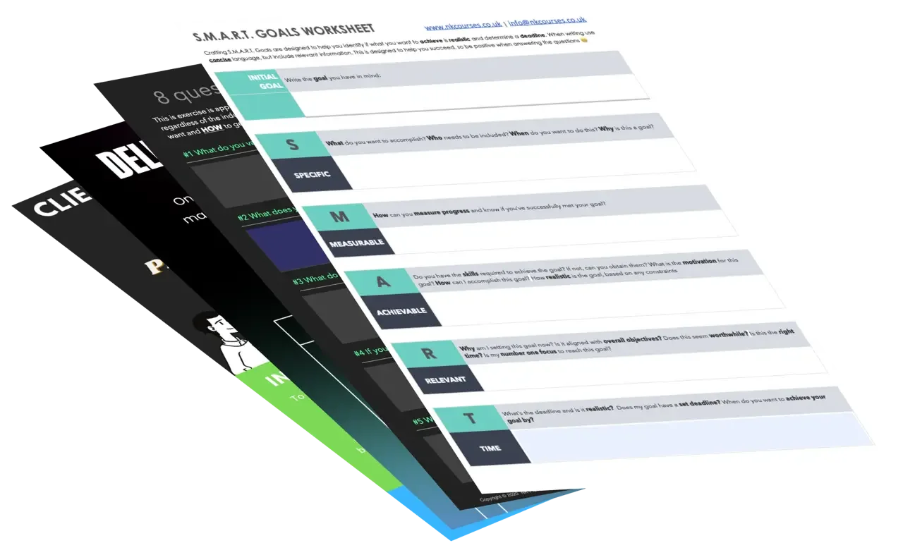 Stack of educational worksheets, one titled "S.M.A.R.T Goals Worksheet" containing sections for goal setting, and the others partially visible with different titles and content in various colors.