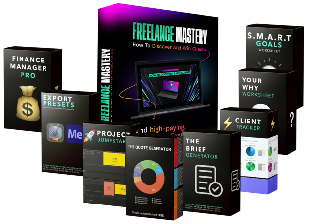 Digital graphic showcase of various online business tools and resources, including workbooks, worksheets, and generators, promoting freelance mastery and client discovery.