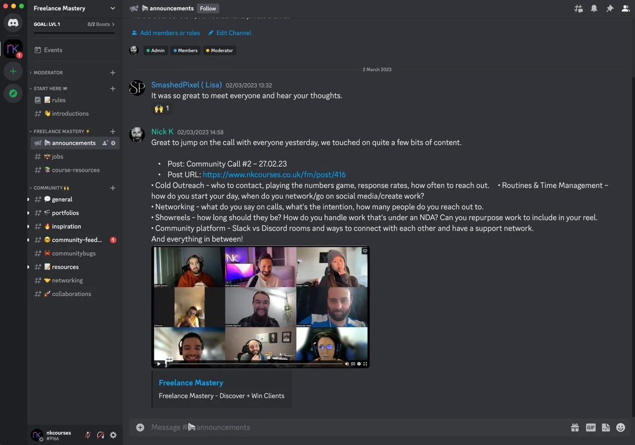 Screenshot of a Discord channel with an announcement about a community call, including a group video call with nine participants.