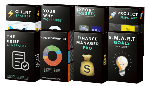 A collection of business and productivity software boxes, including Client Tracker, Your Why Worksheet, Export Presets, Project Jumpstart, The Brief Generator, The Quote Generator, Finance Manager Pro, and S.M.A.R.T Goals Worksheet.