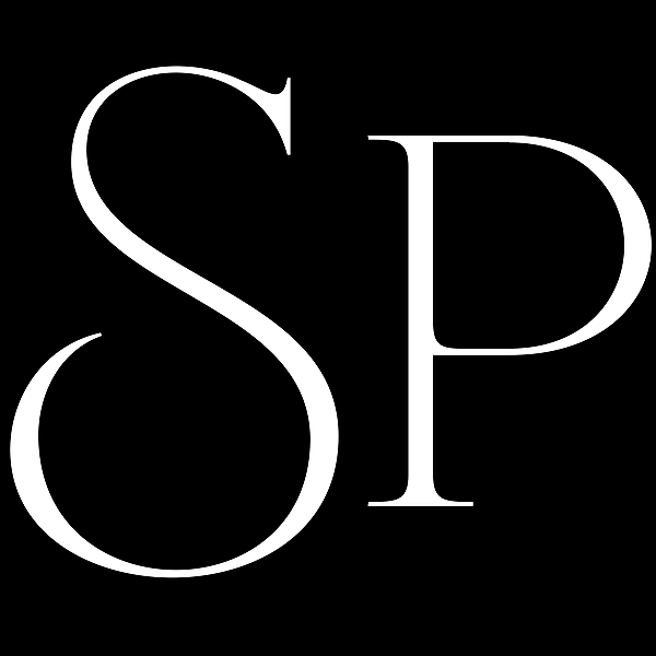 White monogram letters SP on a black background.
