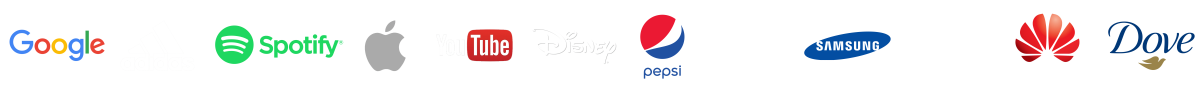 A colorful collage of various logos, including Google, Apple, YouTube, Disney, Pepsi, Samsung, and Dove.