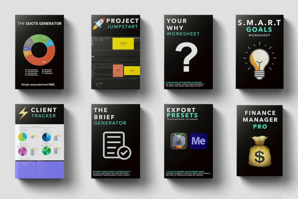 A collection of nine digital product covers on a gray background, including tools and worksheets related to project management, goal setting, client tracking, export presets, and finance management.