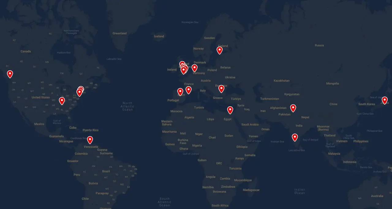 World map with red location markers across North America, Europe, Asia, and Africa.