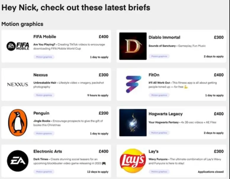 Screenshot of a webpage titled 'Hey Nick, check out these latest briefs' displaying various product briefs including FIFA Mobile, Diablo Immortal, Nexus, FitOn, Penguin, Hogwarts Legacy, Electronic Arts, and Lay's, with pricing and application deadlines.